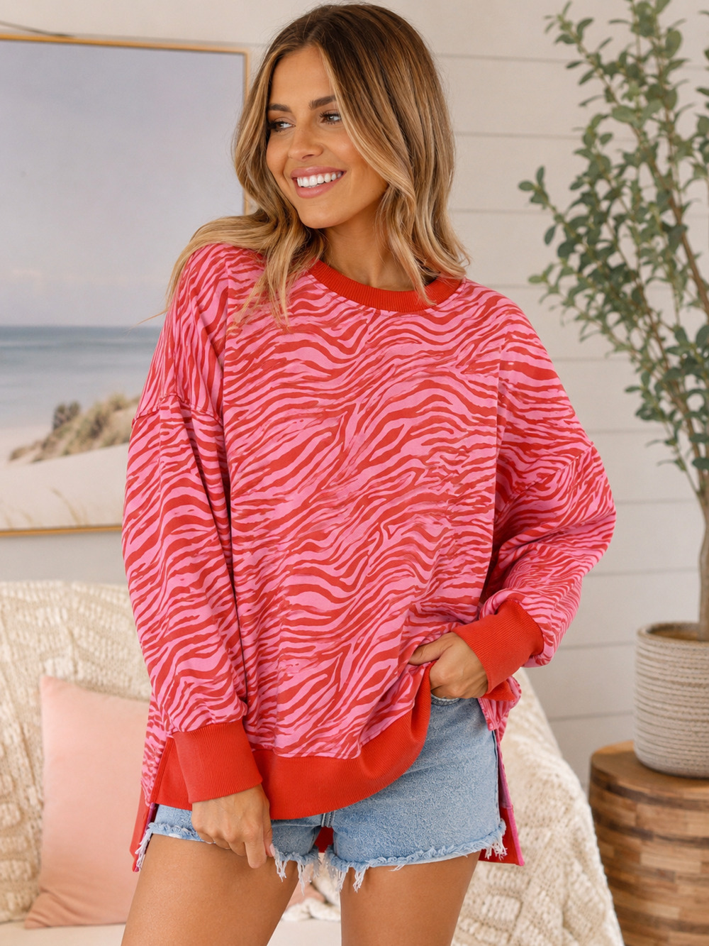 Cabana by Crown & Ivy Zebra Print Sweatshirt Pink Red Oversized Small Soft